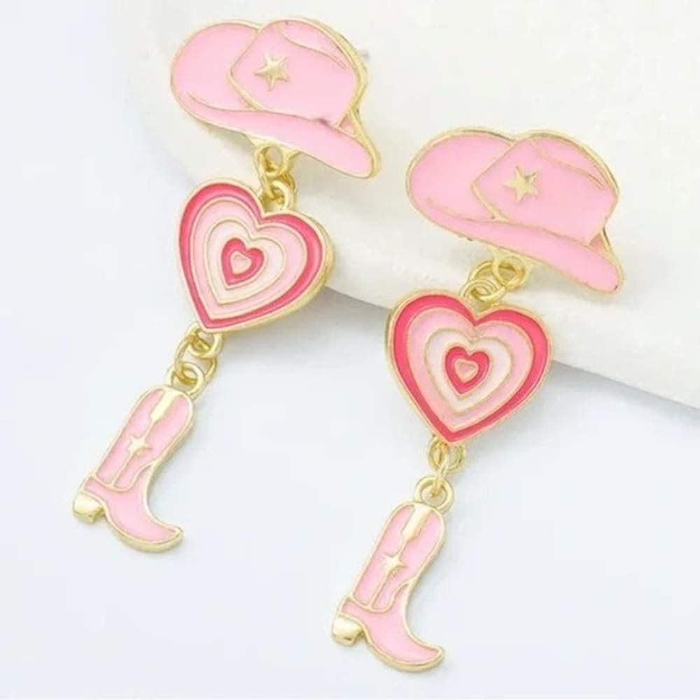 New Adorable Pink Cowgirl Earrings Post Gold Tone Cowboy Boots Hat Heart Western